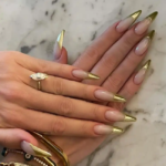 Nude Pink with Golden Tips | Almond Press On Nails | HerNails