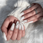 Matte White with Heart Shaped Rhinestones | Coffin Long Length Press On Nails | HerNails