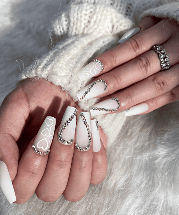 Matte White with Heart Shaped Rhinestones