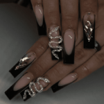 Black & Pink Nails with 3D Snake Rhinestone | Coffin Long Length Press On Nails | HerNails