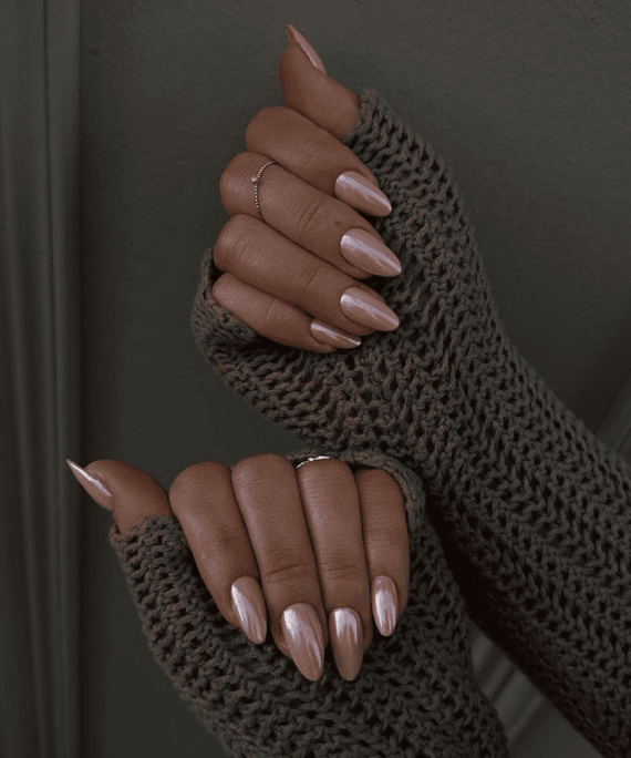 Pink Pearl Chrome Almond Nails